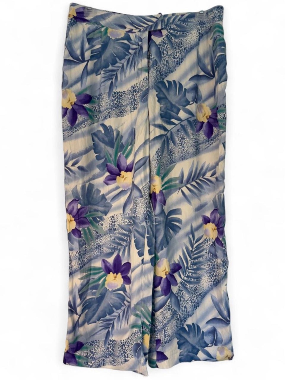 August Silk Blue Purple White Floral 100% Silk Cropped Pants Vacation Tropical